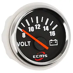 Вольтметр судовий для човна і катера ECMS CMV2-BS-8-16 52мм чорний 8-16V аналоговий з червоною підсвіткою і хромованою рамкою