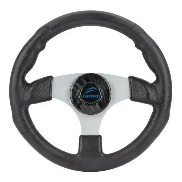 Рулеве колесо суднове для човна і катера NAUTFLEX 161-E 340 мм руль з 3 спицями анодований алюміній поліуретан чорний обід, фото 1