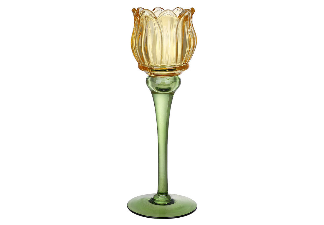 Свічник скляний Тюльпан, 27см, колір - жовтий із зеленим, фото 1