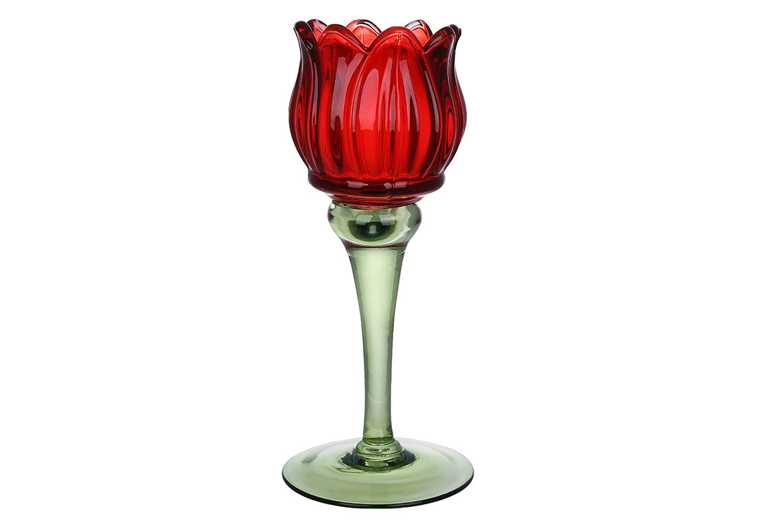 Свічник скляний Тюльпан, 19см, колір - червоний із зеленим, фото 1