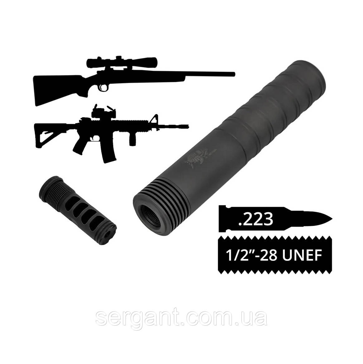 2в1 розбірний глушник+дтк AFTactical S44M24, M242, .223 (5.56мм), 1/2x28 UNEF, AR15 | M4 | M5, Болтовик .223