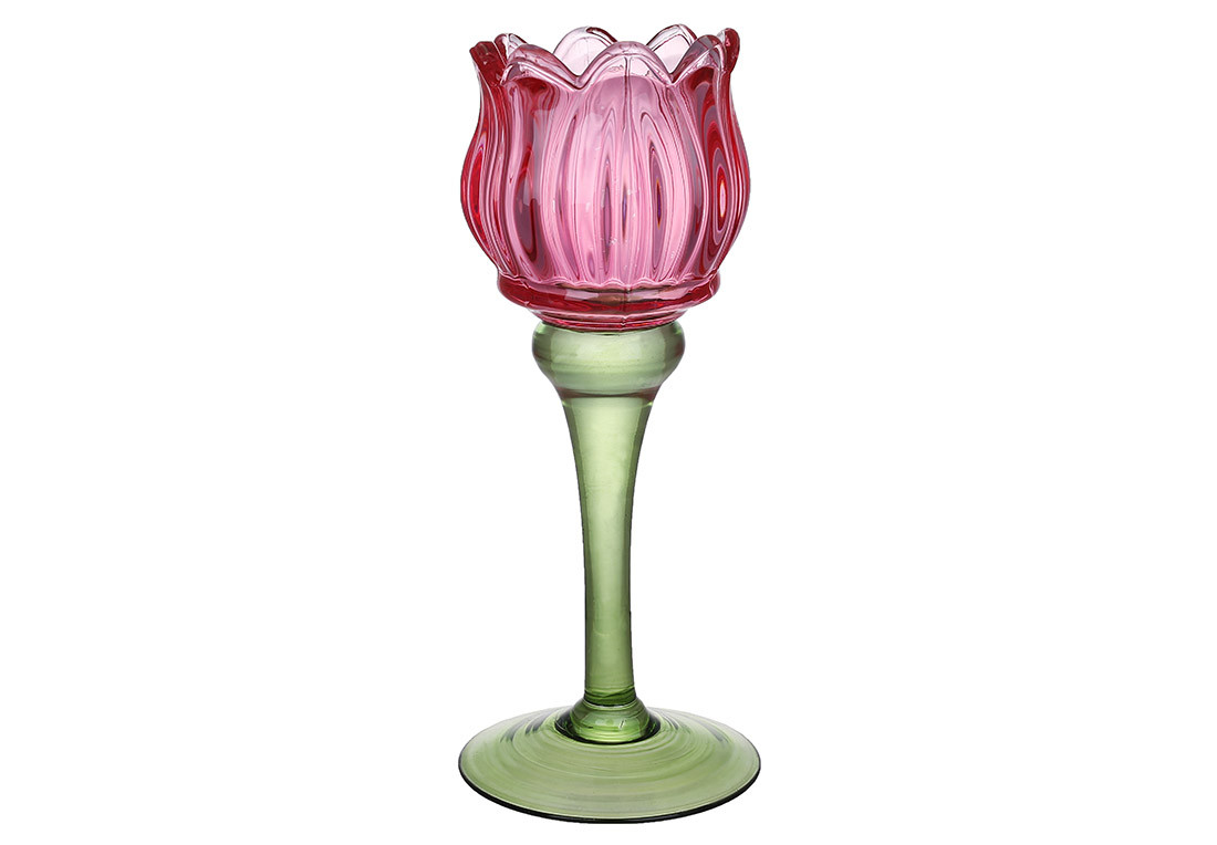 Свічник скляний Тюльпан, 19см, колір - яскраво-рожевий із зеленим, фото 1