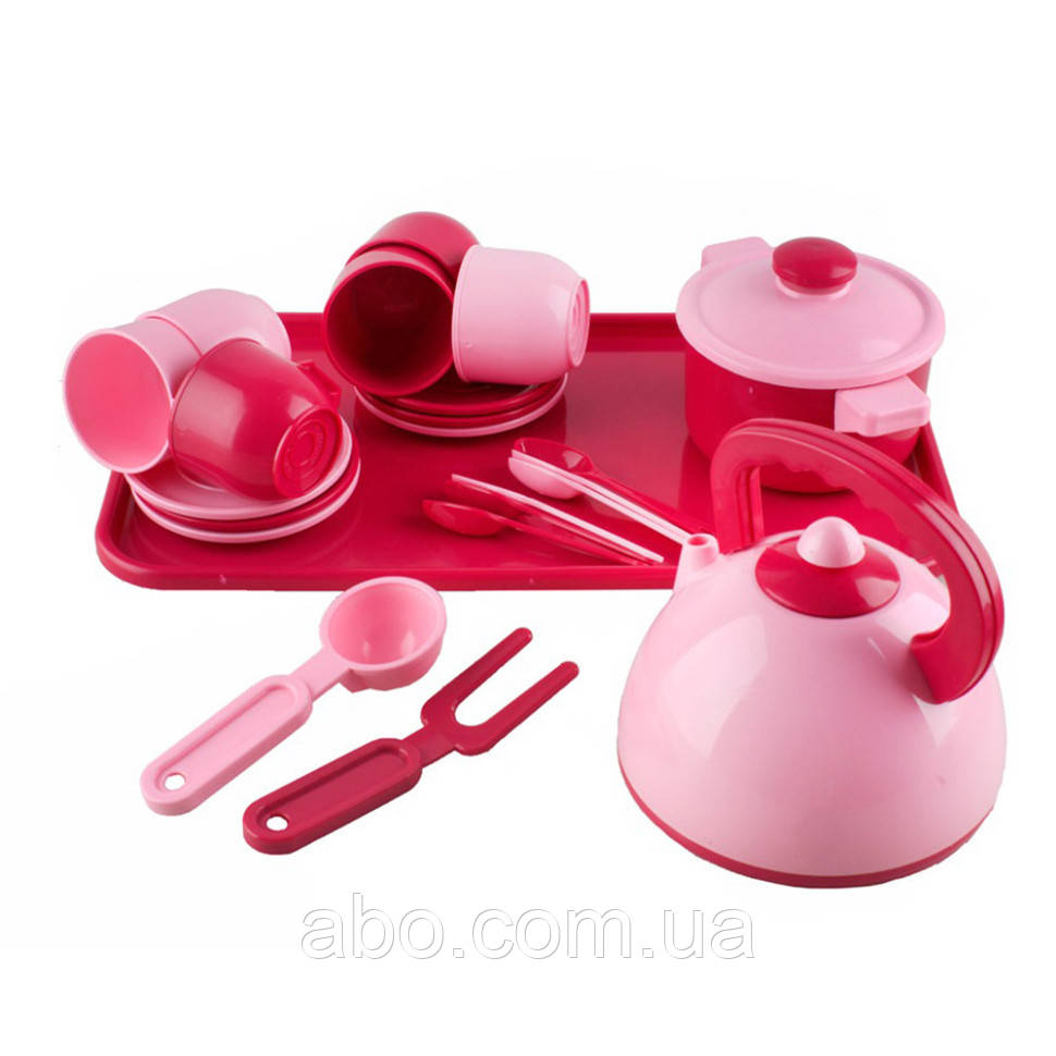 Ігровий набір посуду 70309 (Pink) з чайником, каструлею та тацею, фото 1