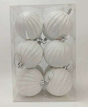 Набір ялинкових кульок "Рельєфна" – 12 шт. Ø 8 см (4 матові, 4 глянцеві, 4 з блискітками), пластик, рельєф, тубус Білий