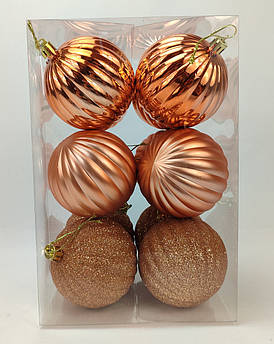 Набір ялинкових кульок "Рельєфна" – 12 шт. Ø 8 см (4 матові, 4 глянцеві, 4 з блискітками), пластик, рельєф, тубус Мідь