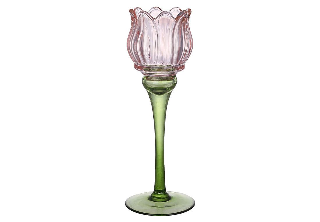 Свічник скляний Тюльпан, 27см, колір - рожевий із зеленим, фото 1