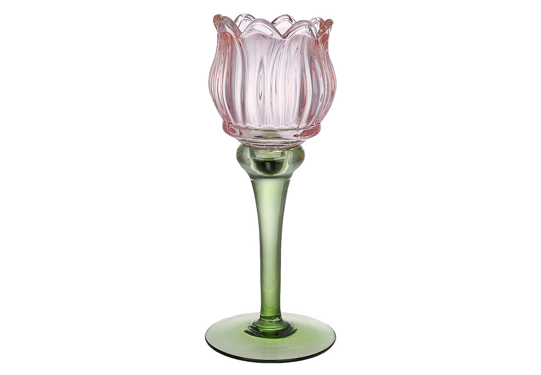 Свічник скляний Тюльпан, 19см, колір - рожевий із зеленим, фото 1