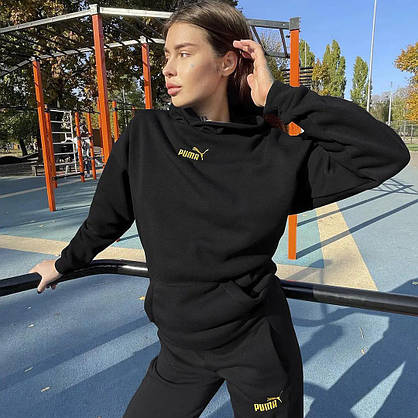 Спортивний костюм жіночий Puma чорний повсякденний молодіжний костюм на зиму худі з капюшоном і штани, фото 3