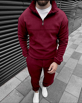 Бордовий спортивний костюм теплий чоловічий на блискавці без капюшона стильний костюм зимовий молодіжний на хлопця, фото 4