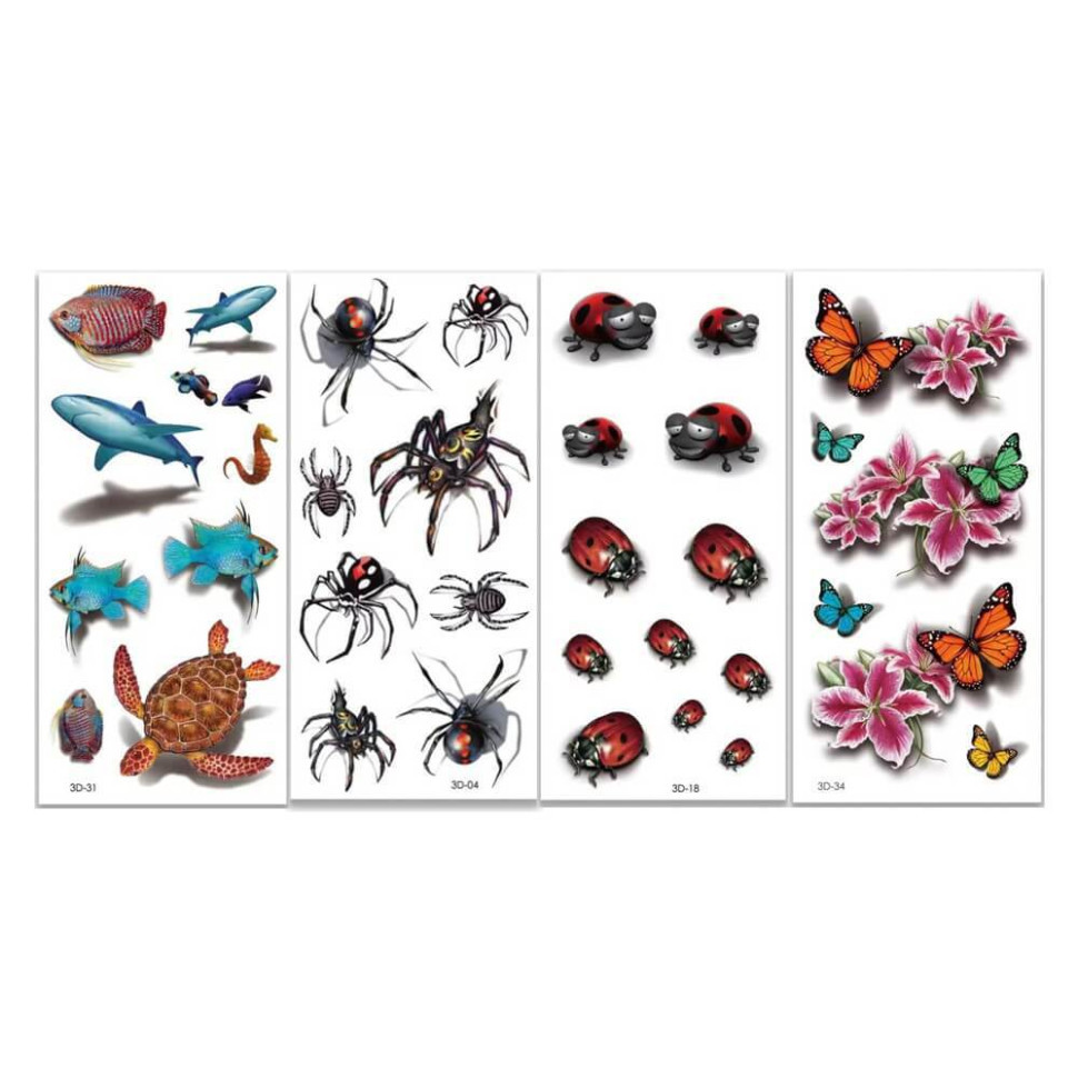Набір тимчасових тату "3D №3" 3d-set-03, 19 х 9 см 4 шт, фото 1