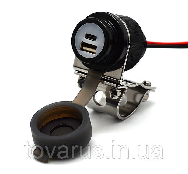 Металева мотозарядка USB зарядка на кермо мотоцикла Cliff Top 36W PD+QC3.0 Чорна