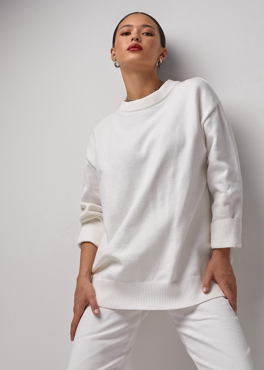 Джемпер жіночий подовжений гладкий, демісезонний, колір молочний. Модель 2798