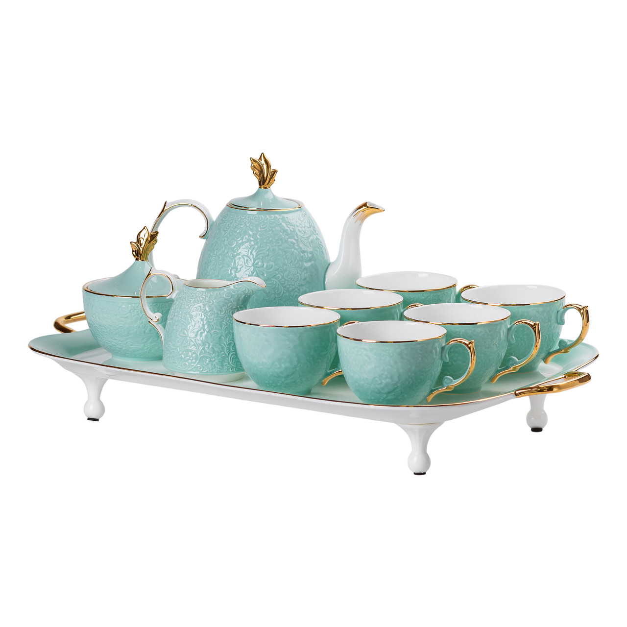 Чайний сервіз на 6 персон з чайником цукорницею та молочник на підставці бірюзовий Lugi, фото 1