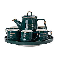 Чайний сервіз на 6 персон із чайником заварником на керамічній підставці зелений Lugi