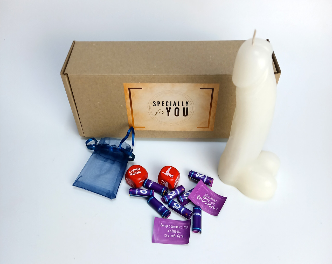 Подарунковий набір "Ніч пристрасті": свічка-пеніс, кубики з позами та еротичнІ завданнями для незабутнього вечора