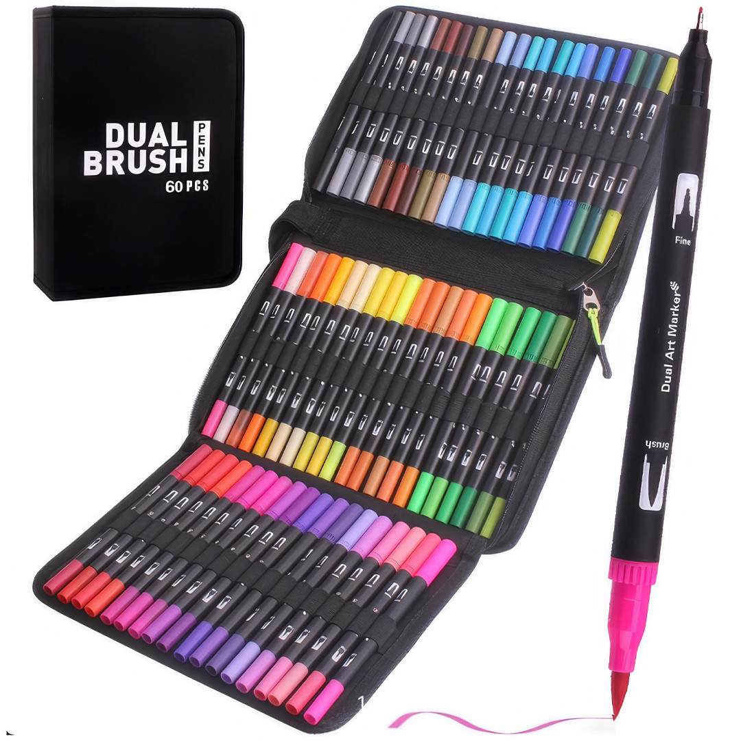 Набір двосторонніх маркерів на водній основі Color pencil AND 60 шт Набір маркерів-лінерів та маркерів-кистей, фото 1