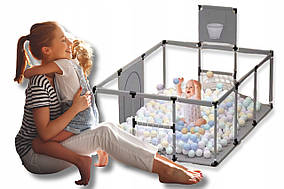 Великий манеж дитячий з баскетбольним кільцем 230 х 120 × 66 см сірий + 10 кульок