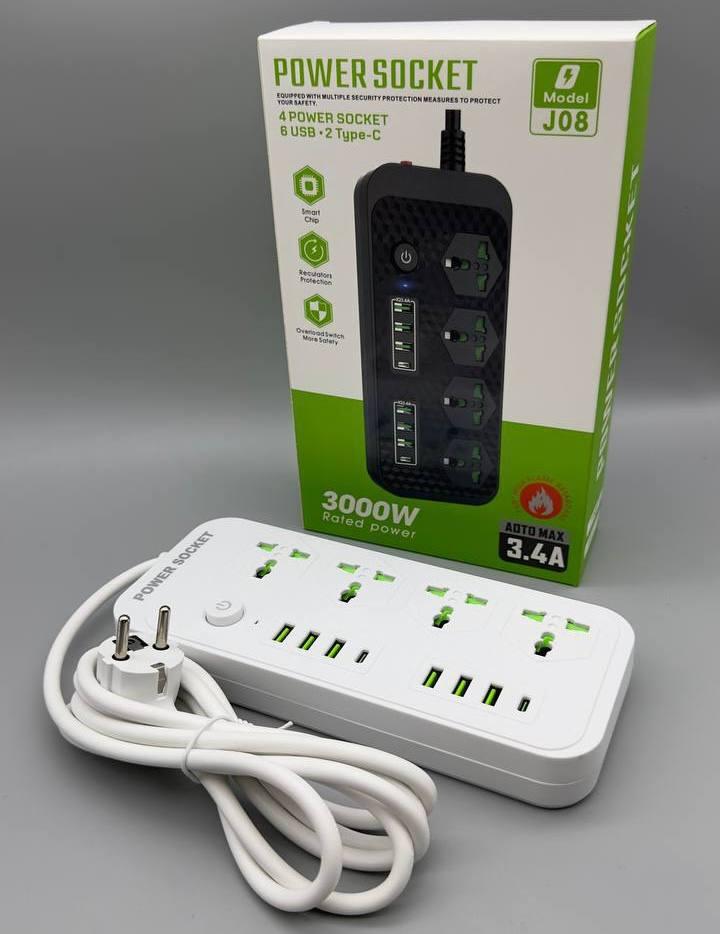 Мережевий фільтр J08 3000 W (4*220V+6USB+2*Type-C)