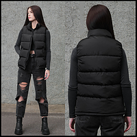 Жіночий весняний пуховий стьобаний жилет, Дута тепла жилетка на осінь, Довга жіноча чорна безрукавка