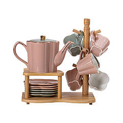 Чайний сервіз на 6 персон із чайником заварником на бамбуковій підставці Lugi