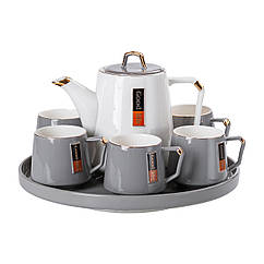 Чайний сервіз на 6 персон із чайником заварником на керамічній підставці сірий Lugi