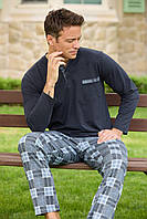 Мужская Хлопковая Пижама Лонгслив И Брюки В Клетку Серо-черная Комплект Брюки Кофта Ador Чоловіча Бавовняна