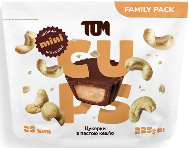 Цукерки з пастою кеш'ю чорний шоколад TOM peanut butter Family Pack 225г