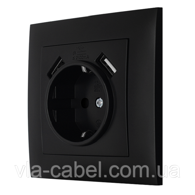 Розетка одинарна з заземленням та двома USB портами чорна IDEAL BLACK MARSHEL Туреччина