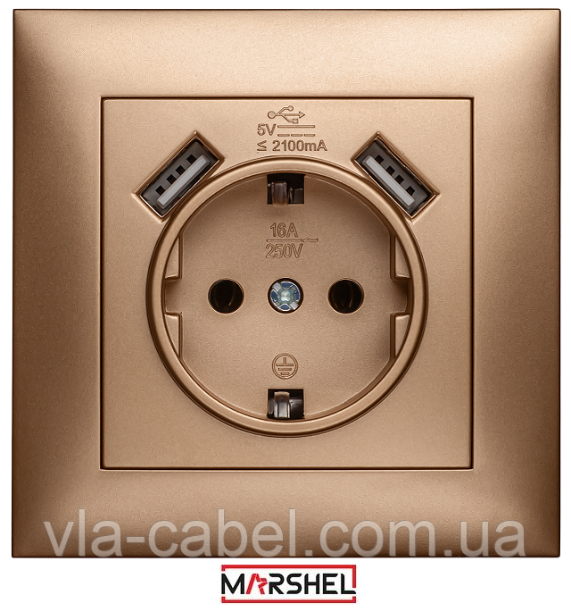 Розетка одномісна з заземленням та двома USB портами серія "IDEAL GOLD" ТМ"MARSHEL", фото 1