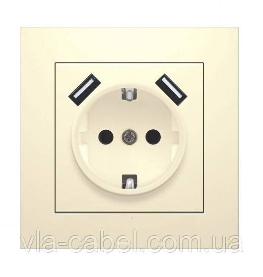 Розетка одномісна з заземленням та двома USB портами крем IDEAL BEIGE "MARSHEL" Туреччина, фото 1