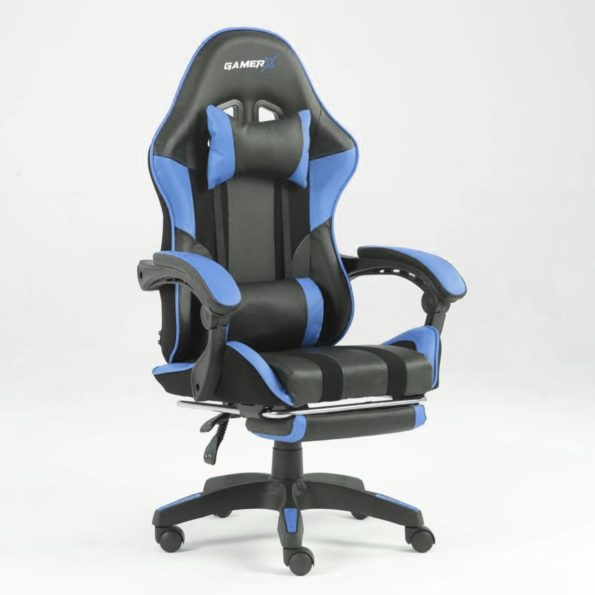 Крісло геймерське професійне GAMER X Blue комп'ютерне з підставкою для ніг, до 120кг + Подушки