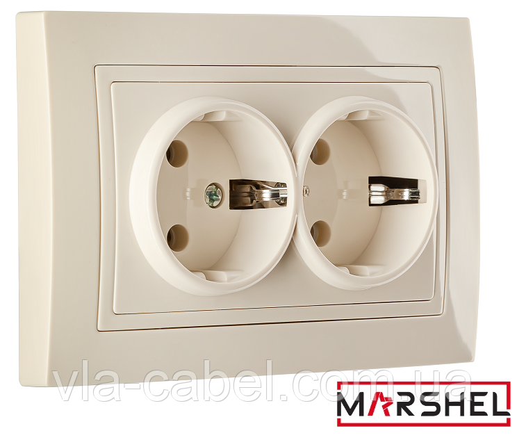 Розетка 2-а подвійна внутрішня з заземленням бежева ELEGANT BEIGE "MARSHEL" врізна Туреччина, фото 1