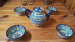 Традиційний узбекський чайний сервіз (чайнік та 4 піали) Ріштан