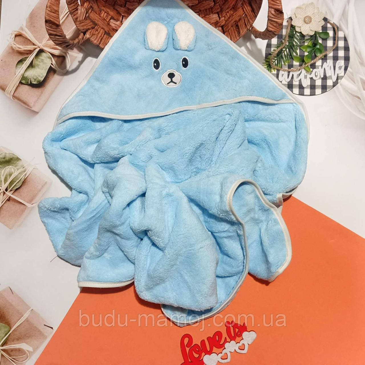 Рушник з капюшоном для новонароджених м'яка м'яка махра 90х85 блакитний, фото 1