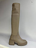Чоботи жіночі ботфорти натуральна шкіра бежеві демісезонні трендові стрейч на підборах, фото 2
