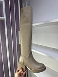 Чоботи жіночі ботфорти натуральна шкіра бежеві демісезонні трендові стрейч на підборах, фото 8