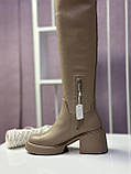 Чоботи жіночі ботфорти натуральна шкіра бежеві демісезонні трендові стрейч на підборах, фото 7