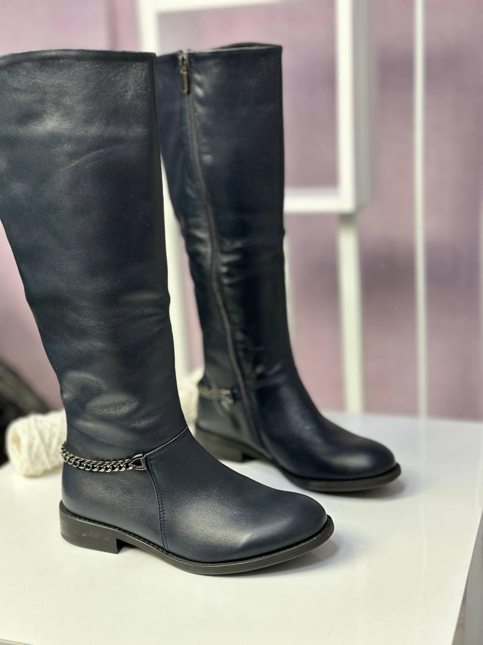 Чоботи жіночі натуральна шкіра байка демісезонні сині з ланцюжком, фото 1