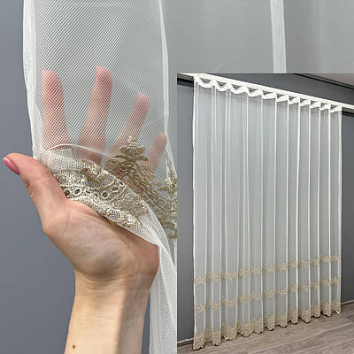 Тюль "Грек-сітка" з вишивкою. Колір молочний з бежевим. Код 1473т