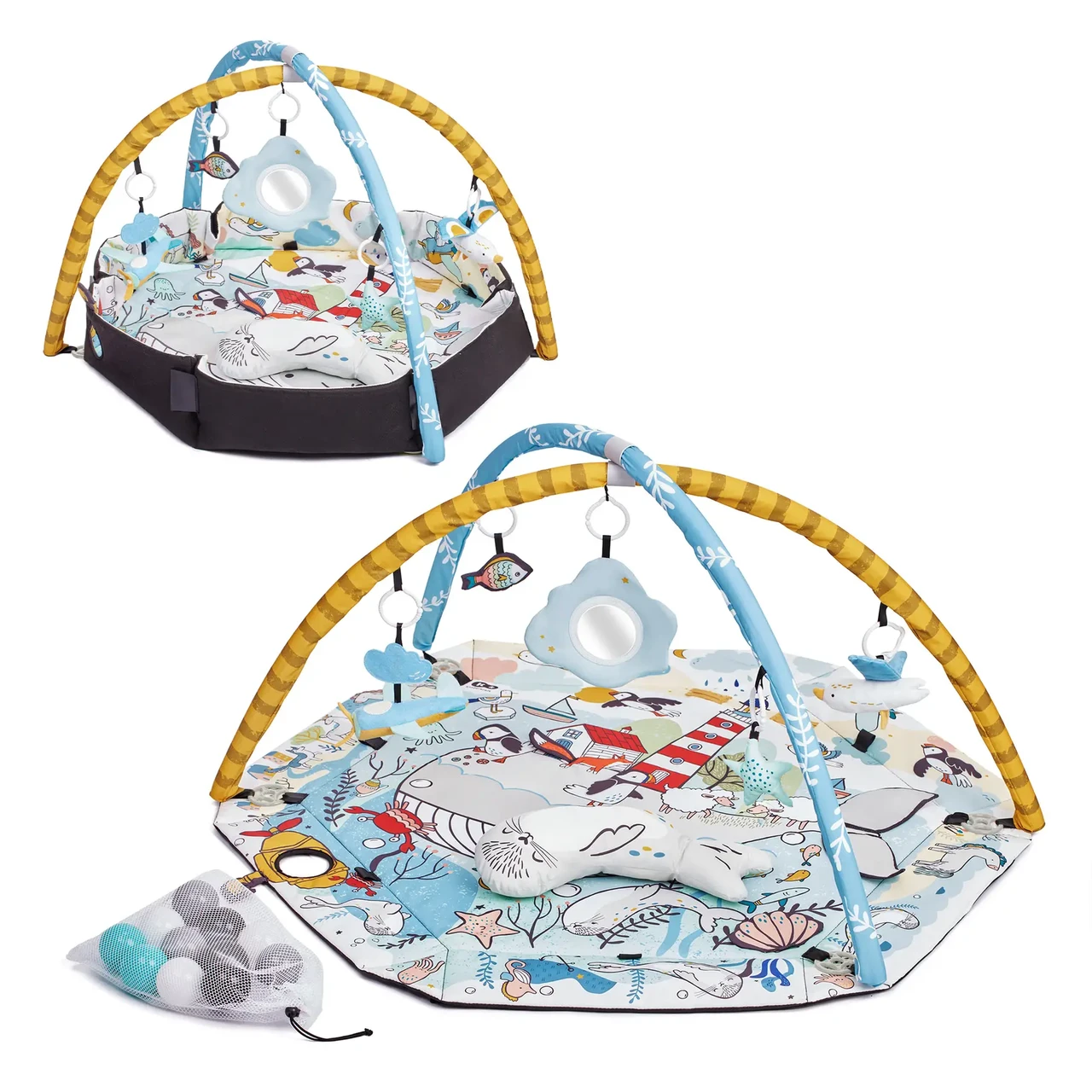 Килимок манеж розвиваючий ігровий Kinderkraft Smartplay Sea (дуга з іграшками, подушка, м'ячики)
