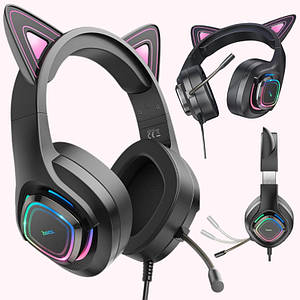 Ігрові Навушники BIG HOCO W107 Накладні геймерські навушники з вушками підсвічуванням та мікрофоном, чорно-рожеві