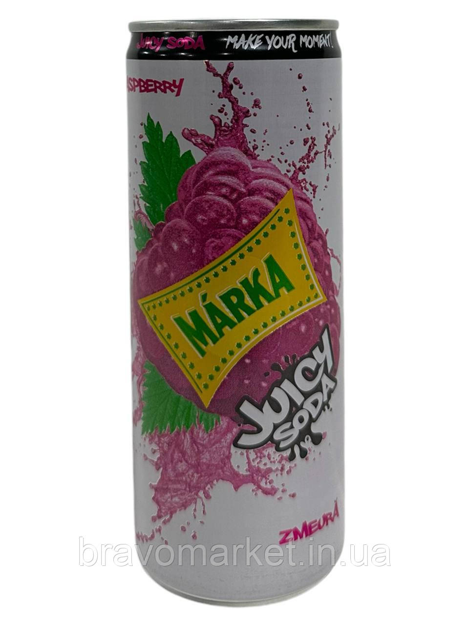 Напій безалкогольний Juicy Soda Сильногазований з соком Малини 0,250 мл ТМ Marka  (24 шт./1 ящ), фото 1