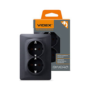 Розетка подвійна із заземленням чорний графіт VIDEX BINERA VF-BNSK2G-BG, фото 1