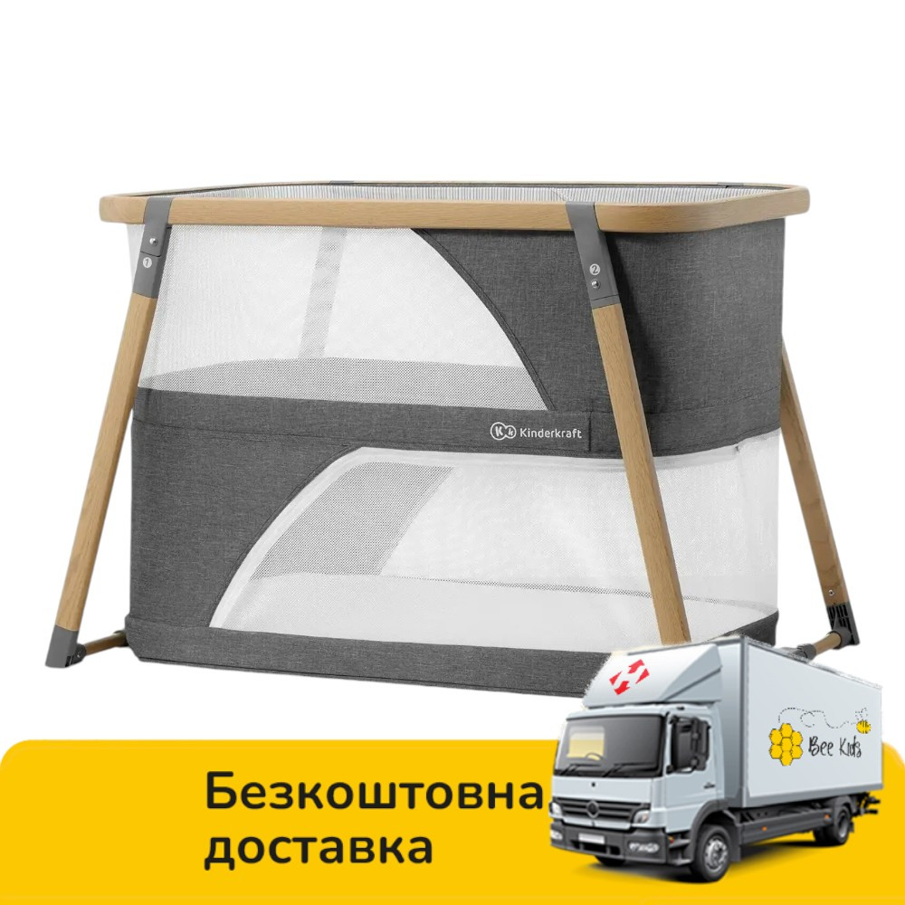Ліжечко манеж приставне 4в1 Kinderkraft Sofi (складається, дорожня сумка, 2 рівні матраца) Сірий, фото 1