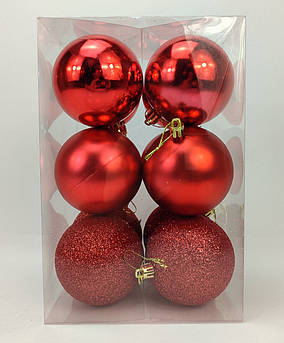 Набір ялинкових іграшок кулі 4 в 3 матова, глянсова, з блискітками, в пакуванні 12 штук, d 8 см, пластик