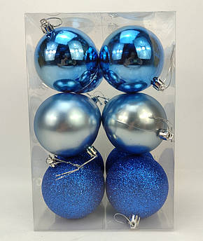 Набір ялинкових іграшок кулі 4 в 3 матова, глянсова, з блискітками, в пакуванні 12 штук, d 8 см, пластик Синій