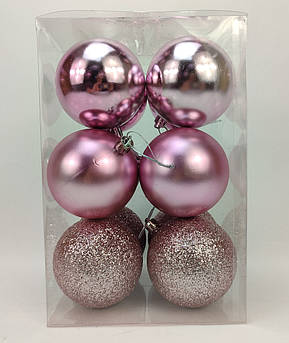 Набір ялинкових іграшок кулі 4 в 3 матова, глянсова, з блискітками, в пакуванні 12 штук, d 8 см, пластик Розовий