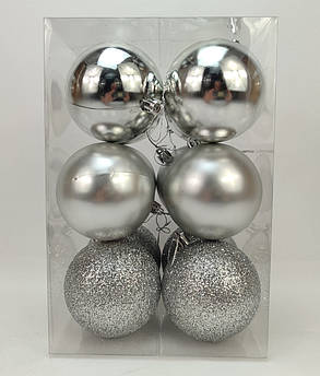 Набір ялинкових іграшок кулі 4 в 3 матова, глянсова, з блискітками, в пакуванні 12 штук, d 8 см, пластик Сірий