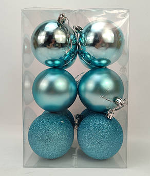Набір ялинкових іграшок кулі 4 в 3 матова, глянсова, з блискітками, в пакуванні 12 штук, d 8 см, пластик Бірюза