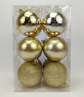 Набір ялинкових іграшок кулі 4 в 3 матова, глянсова, з блискітками, в пакуванні 12 штук, d 8 см, пластик Золотий